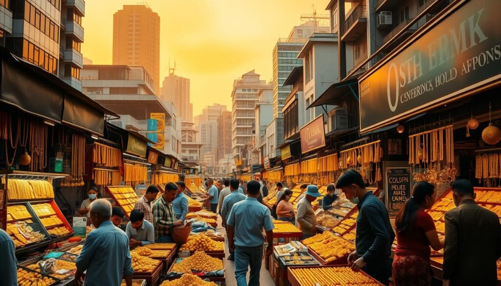 A bustling Pasar Emas, or traditional gold market, set in a vibrant Southeast Asian city. The foreground features rows of gleaming gold jewelry and ornaments, with vendors haggling and customers inspecting the wares. The middle ground showcases a mix of modern and heritage architecture, reflecting the blend of old and new in the local economy. The background is filled with a warm, golden hue, lending an air of prosperity and wealth to the scene. Soft, diffused lighting illuminates the market, creating an inviting and atmospheric ambiance. The overall composition captures the essence of a thriving gold trade, a vital component of the regional economic landscape.