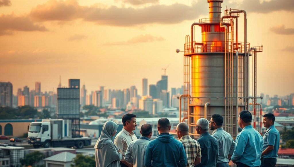 A bustling city skyline fades into the background, as the foreground depicts a towering water treatment facility. Its modern architecture and gleaming metal surfaces are illuminated by warm, golden lighting, casting a serene and authoritative atmosphere. In the middle ground, a group of government officials and community leaders gather, engaged in a collaborative discussion, their expressions conveying a sense of purpose and determination to address the pressing issue of clean water access. The scene is captured from a slightly elevated angle, emphasizing the scale and significance of this "Program Investasi Air Bersih" initiative, designed to tackle the looming water crisis facing the metropolis.