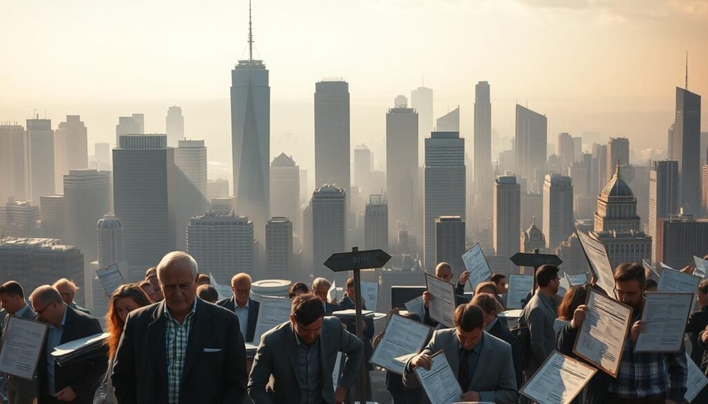 A bustling city skyline, with towering skyscrapers casting long shadows across the urban landscape. In the foreground, a group of business owners grapple with a maze of new regulations, their expressions a mix of determination and uncertainty. The middle ground features a series of signposts and bureaucratic documents, symbolizing the challenges of navigating the changing legal landscape. The background is shrouded in a hazy, atmospheric lighting, conveying a sense of the weight and complexity of the new rules. The overall scene suggests the struggle and adaptation required of entrepreneurs facing the impact of the shifting regulatory environment.