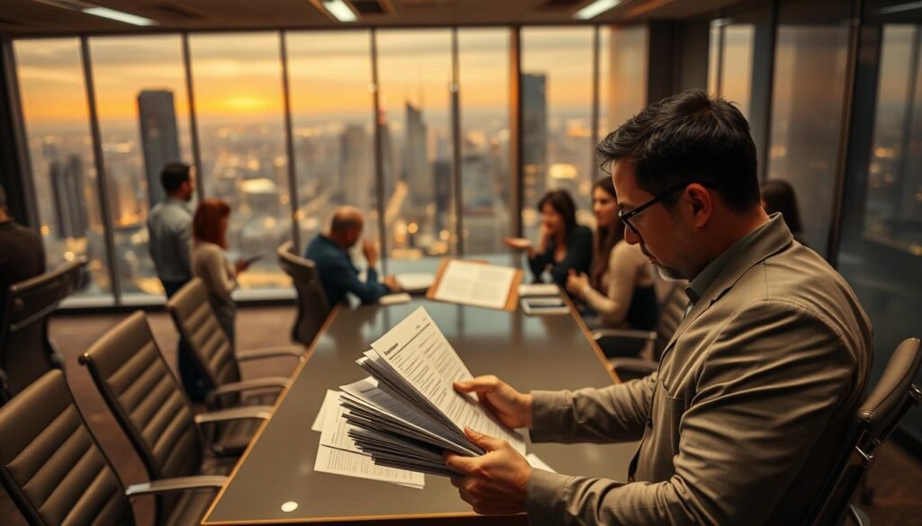 A bustling office environment, filled with a sense of adaptation and change. In the foreground, a businessman studies a stack of documents, brow furrowed in concentration as he navigates the complexities of new regulations. Surrounding him, his colleagues engage in lively discussions, gesturing animatedly as they share insights and strategize. The middle ground features a sleek, modern conference table, surrounded by ergonomic chairs, conveying a professional, forward-thinking atmosphere. In the background, towering glass windows offer a panoramic view of a dynamic cityscape, hinting at the broader context of a rapidly evolving business landscape. Warm, ambient lighting casts a subtle glow, creating a sense of focus and determination. An air of adaptability and problem-solving permeates the scene, capturing the essence of navigating regulatory change.