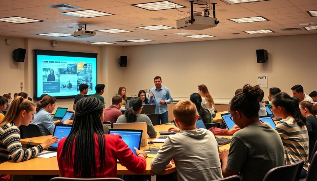 A classroom filled with a diverse group of students and teachers, engaged in a hybrid learning environment. The foreground features several students using laptops and tablets, collaborating on projects and sharing information. In the middle ground, the teacher is facilitating a discussion, using a large interactive display to guide the lesson. The background showcases a well-equipped classroom with modern technology, including projectors, cameras, and wireless connectivity, creating an atmosphere of dynamic, technology-enhanced learning. The lighting is warm and natural, creating a welcoming and productive atmosphere. The scene conveys a sense of collaborative exploration, blending traditional and digital teaching methods to foster an engaging and enriching educational experience.