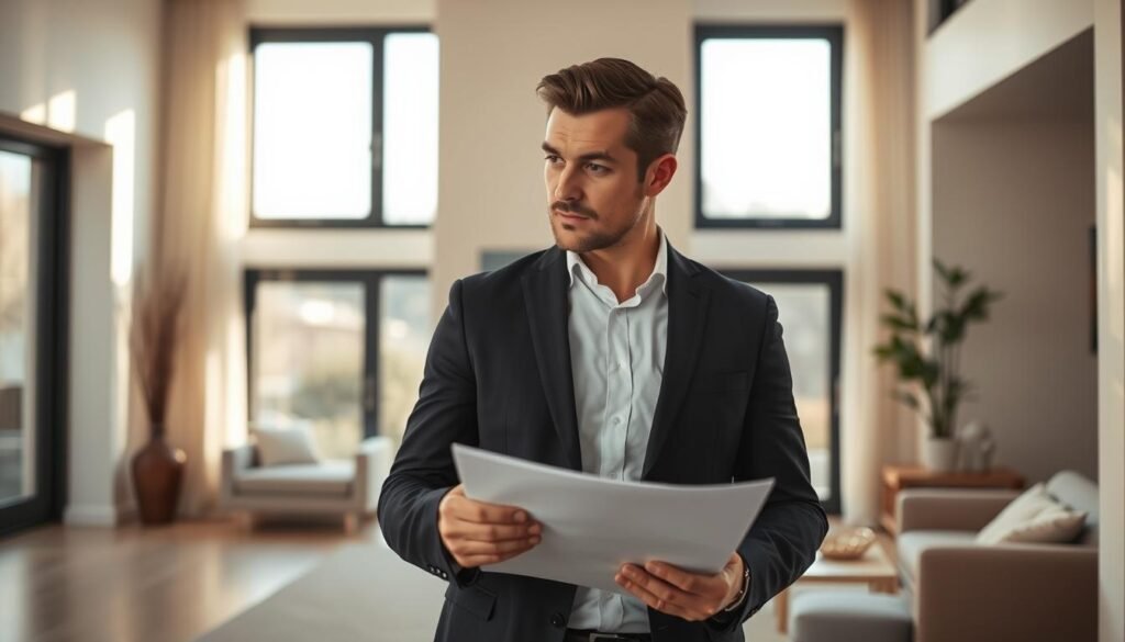 A confident, well-dressed investor stands in a modern, minimalist home interior, examining property documents with a thoughtful gaze. Soft, natural lighting filters through large windows, casting a warm, inviting ambiance. The focus is on the investor's face, capturing their contemplative expression as they weigh the potential of this investment opportunity. The background features subtle, elegant furnishings, suggesting an aspirational, high-end property. The overall scene conveys a sense of careful consideration and the allure of profitable real estate investments.