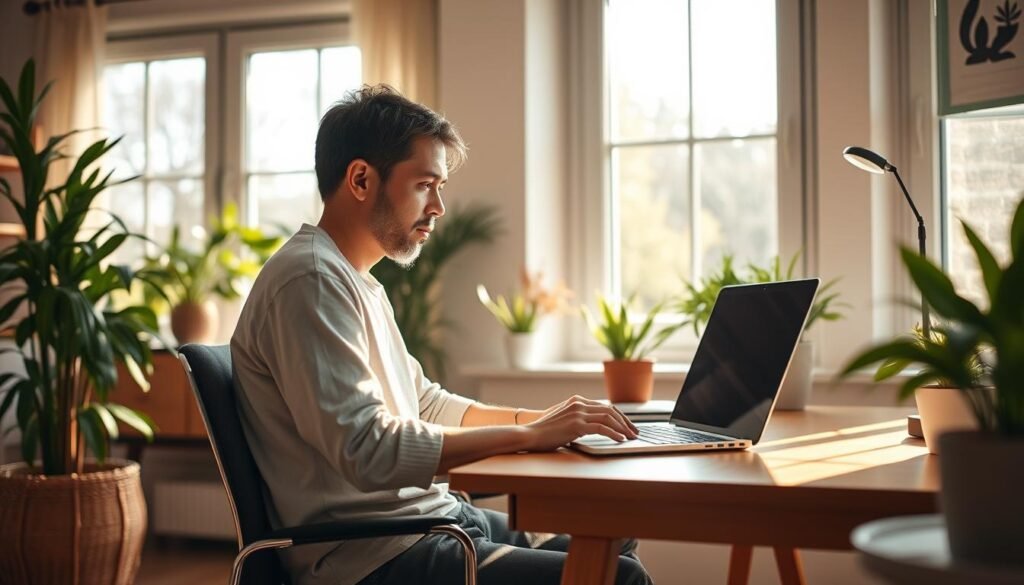 A cozy home office setup with a person sitting at a desk, intently focused on a laptop screen. The room is bathed in warm, natural lighting filtering in through large windows. Houseplants and minimalist decor create a calming, nurturing atmosphere. The person's expression conveys a sense of thoughtful engagement, as if deep in an online consultation about mental health. The composition emphasizes the comfort and privacy of the setting, conveying the idea of accessible, personalized care.