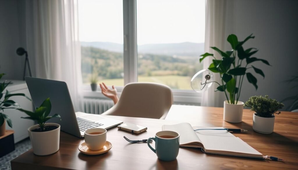 A cozy, well-lit home office setup with a laptop, desk, and chair. In the foreground, a person sitting at the desk engaged in an online video call, gesturing animatedly. The middle ground features various self-care items like a potted plant, a mug of tea, and a journal. The background showcases a serene, natural landscape visible through a large window, creating a sense of tranquility and balance. The overall scene conveys a comfortable, professional, and therapeutic atmosphere for an online mental health consultation.