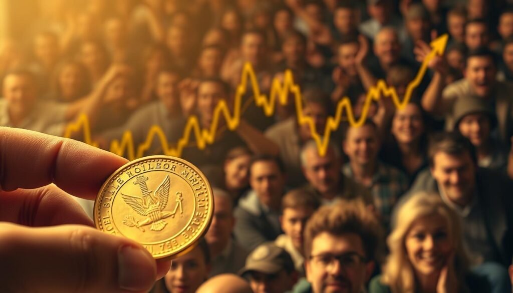 A detailed illustration of the impact of fluctuating gold prices on the populace. In the foreground, a close-up view of a hand holding a gold coin, conveying the personal connection to this valuable asset. In the middle ground, a chart displaying the volatile price movements of gold over time, with dramatic spikes and dips. In the background, a crowd of people, their expressions ranging from concern to elation, reflecting the varied impact of these price changes on their financial wellbeing. The scene is illuminated by a warm, golden light, evoking the essence of the precious metal. Shot with a shallow depth of field, focusing the viewer's attention on the key elements. The overall mood is one of uncertainty and the far-reaching consequences of the unstable gold market.