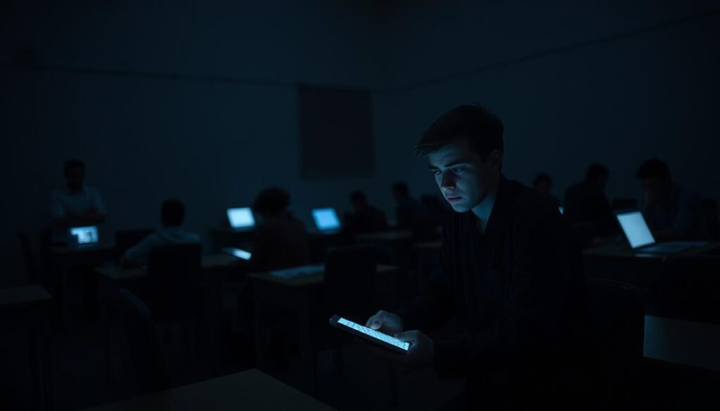 A dimly lit classroom, desks scattered haphazardly, some empty, others occupied by students peering intently at their digital devices. In the foreground, a student struggles to connect to a slow, unstable internet, their frustrated expression illuminated by the glow of the screen. The middle ground reveals a teacher, arms crossed, grappling with the challenges of hybrid learning, the digital divide evident in the uneven participation. The background casts a sense of isolation, the room shrouded in the shadows of uneven access to technology, a looming challenge for the future of education.