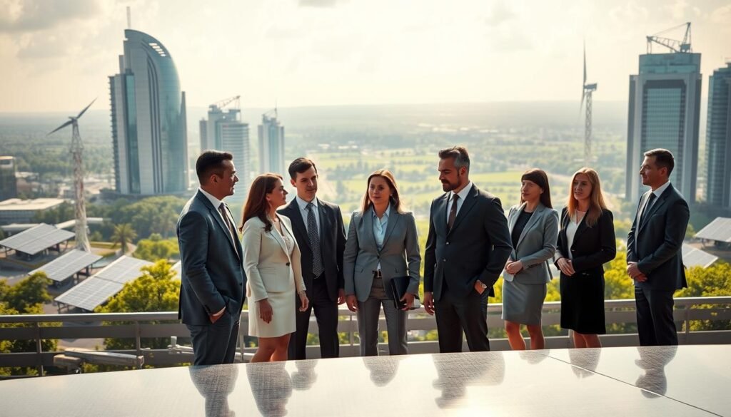 A futuristic cityscape with modern high-rise buildings, solar panels, and clean energy infrastructure. In the foreground, a group of diverse business people in professional attire discussing environmental regulations, their expressions serious yet determined. Soft, directional lighting illuminates the scene, casting long shadows and creating a sense of depth. The background features a vibrant, verdant landscape with lush greenery, suggesting a harmonious balance between urban development and environmental preservation. The overall atmosphere conveys a progressive, forward-thinking vision of sustainable economic growth guided by robust environmental policies.