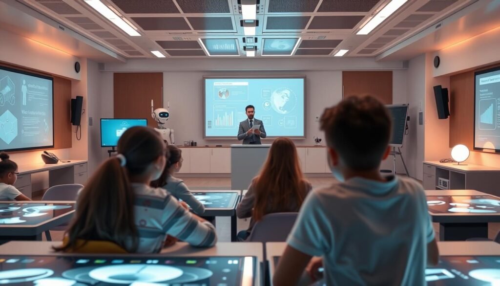 A futuristic classroom with a hybrid learning setup. In the foreground, students collaborate on interactive digital displays, their faces illuminated by the soft glow of the screens. In the middle ground, a teacher stands at a podium, guiding the lesson with a tablet in hand, projecting lessons onto a large holographic display. The background features sleek, minimalist furniture and advanced educational technologies - robotic teaching assistants, 3D-printed learning aids, and smart whiteboards that respond to voice commands. The lighting is a balance of warm, natural tones and cool, technological accents, creating an atmosphere of innovation and productivity. The overall scene conveys the seamless integration of cutting-edge technology and engaging, personalized learning.