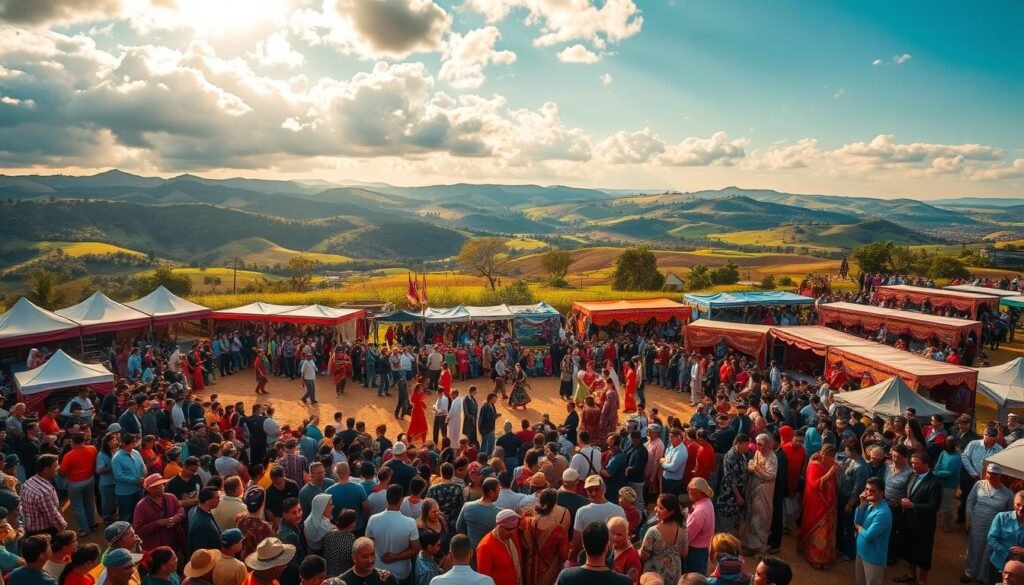 A grand outdoor festival with a vibrant display of traditional cultural performances and artisanal crafts. In the foreground, a lively crowd of spectators in colorful traditional attire gathers around a central stage, captivated by the energetic dance and music. The middle ground showcases booths and stalls showcasing an array of handmade textiles, pottery, and other cultural treasures. In the background, a picturesque landscape of rolling hills and lush greenery provides a serene and inspiring backdrop, accentuated by warm, golden sunlight filtering through the clouds. An atmosphere of celebration, community, and government support for preserving and showcasing the nation's rich cultural heritage.