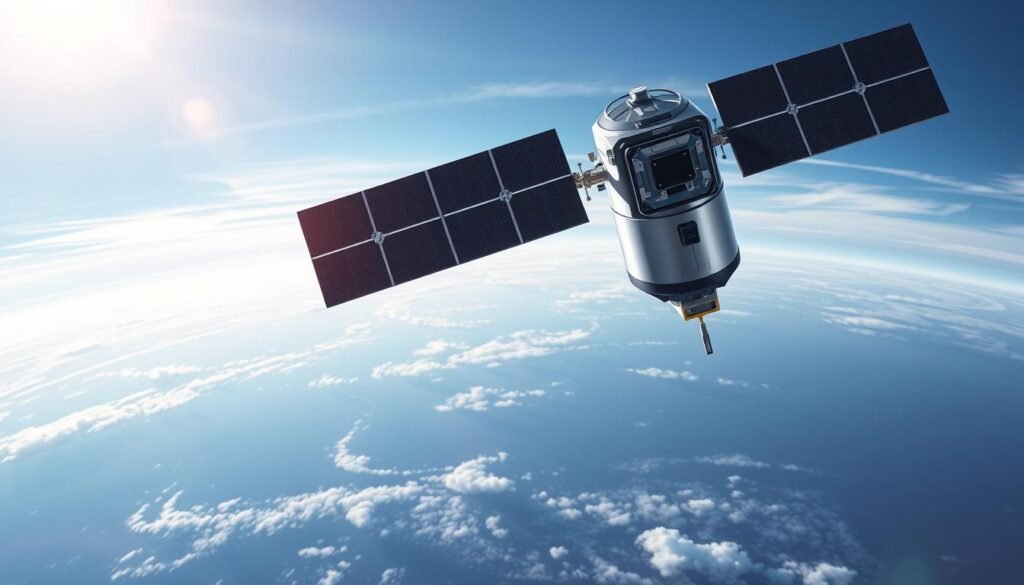 A high-resolution, detailed illustration of a modern satellite orbiting the Earth, against a backdrop of a serene, sun-lit sky. The satellite is shown in the foreground, its sleek, angular design and solar panels conveying a sense of advanced technology. In the middle ground, the curvature of the Earth is visible, with wispy clouds drifting across the surface. The background features a tranquil, azure sky with delicate, wispy clouds, creating a calming and ethereal atmosphere. The lighting is soft and diffuse, highlighting the satellite's metallic surfaces and the Earth's serene beauty. The overall composition conveys the power and promise of satellite technology to bring internet connectivity to remote, rural areas.