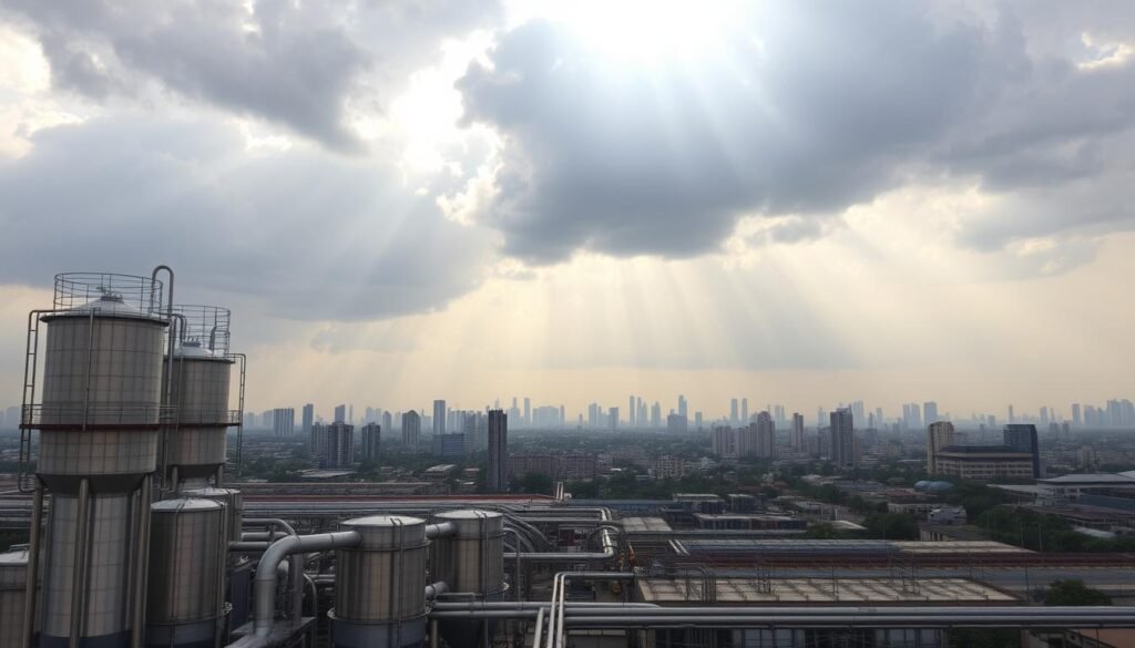 A large industrial water treatment plant standing prominently in the foreground, with towering metal tanks, pipes, and filtration systems. In the middle ground, a cityscape of high-rise buildings and infrastructure, representing the urban environment relying on this technology. The background features a dramatic cloudy sky with rays of sunlight streaming through, conveying the vital importance of this water processing facility to the city's clean water supply. The overall scene has a sense of scale, complexity, and technical sophistication, reflecting the advanced nature of "Teknologi Pengolahan Air" as a critical solution to the urban clean water crisis.