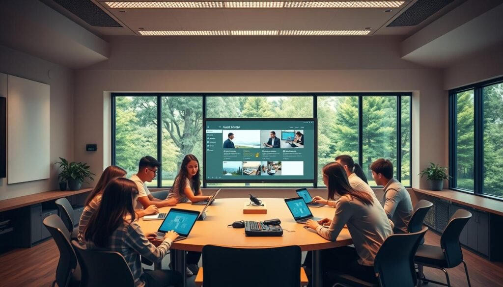 A modern classroom with a hybrid learning setup. In the foreground, students engaged in group discussions around a centralized table, laptops and tablets in hand. The middle ground features an interactive whiteboard displaying digital learning materials. The background showcases a panoramic window overlooking a lush, verdant campus. Warm, diffused lighting creates a collaborative, inviting atmosphere. A sense of fluidity between physical and digital spaces, reflecting the seamless integration of technology in the educational experience of 2025.