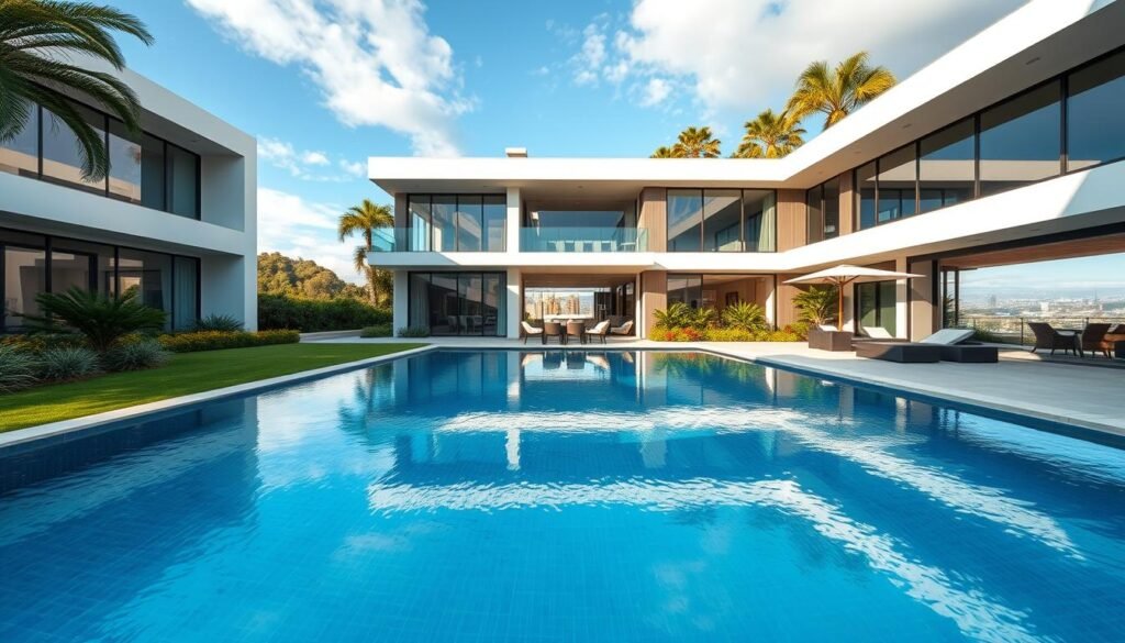 A modern, high-end residential property with a sleek, contemporary design. The building has a minimalist facade with large, floor-to-ceiling windows that let in an abundance of natural light. The property is situated in an upscale neighborhood, surrounded by lush greenery and well-manicured landscaping. In the foreground, a luxurious swimming pool reflects the azure sky, creating a serene and inviting atmosphere. The middle ground features a stylish outdoor seating area, where potential homeowners could envision themselves relaxing and entertaining. The background showcases a panoramic view of the city skyline, hinting at the property's prime location and desirable amenities. The overall scene conveys a sense of sophistication, comfort, and the allure of modern living.