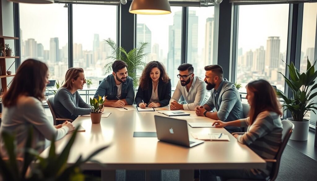 A modern office space filled with the hustle and bustle of a thriving local startup. In the foreground, a team of passionate founders gather around a sleek conference table, animatedly discussing their ambitious expansion plans, their eyes alight with determination. Soft, warm lighting illuminates the scene, casting a glow over the open-concept workspace. Potted plants and minimalist decor lend an air of sophistication, while the large windows offer a glimpse of the bustling city skyline in the background. The atmosphere is one of focused productivity, tempered by a sense of excitement and optimism as the startup rides the wave of its recent, well-earned funding success.