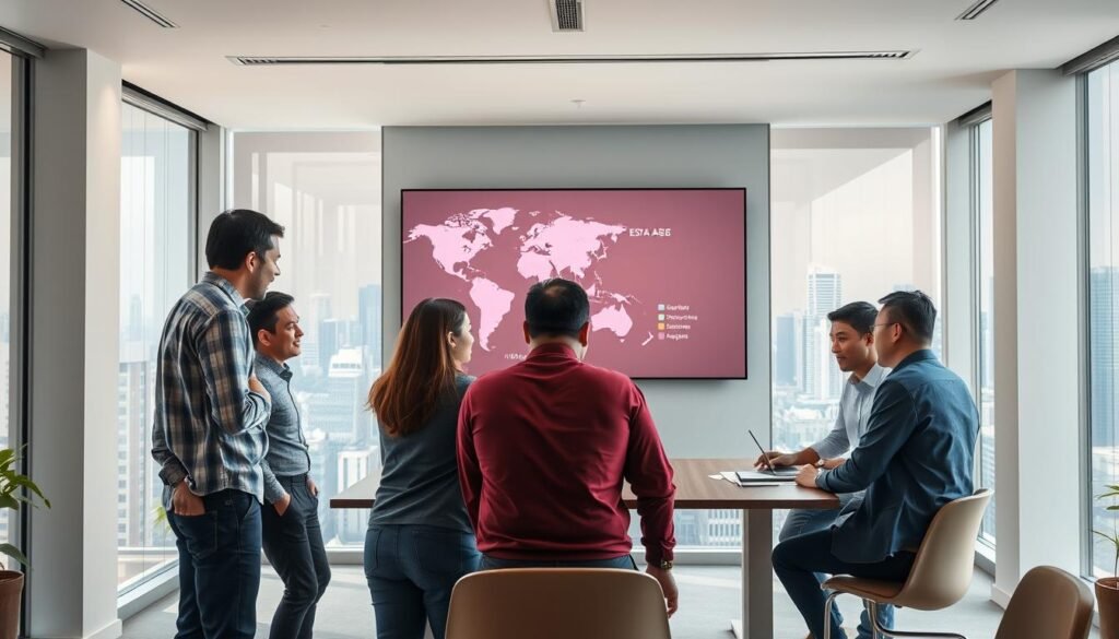 A modern, sleek office space in Indonesia, filled with bright natural lighting and a bustling atmosphere. In the foreground, a team of determined startup founders huddle around a table, discussing their ambitious expansion plans across Southeast Asia. The middle ground showcases a wall-mounted screen displaying a map of the region, highlighting their strategic growth trajectory. In the background, the skyline of a thriving Indonesian city sets the scene, conveying a sense of boundless potential and opportunity. The lighting is crisp and directional, casting dynamic shadows that accentuate the energy and dynamism of the space. The overall mood is one of optimism, innovation, and a relentless drive to succeed on a larger, international stage.