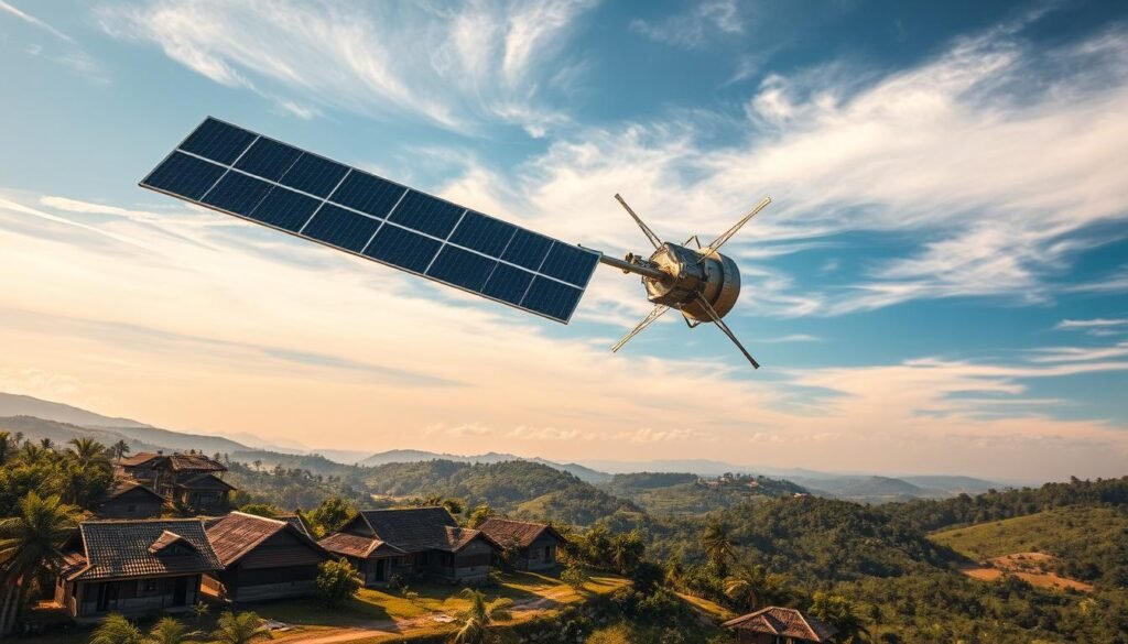 A new satellite soaring gracefully over a lush, verdant countryside, its sleek solar panels glinting in the warm, golden sunlight. In the foreground, a cluster of rustic rural dwellings, their roofs adorned with traditional designs, stand as a testament to the vibrant local culture. The satellite's powerful antennas stretch out, connecting remote communities to a world of digital opportunity, bridging the urban-rural divide with seamless, high-speed connectivity. Wispy clouds drift across a vast, azure sky, lending an air of tranquility to the scene. This innovative satellite technology, captured through a wide-angle lens, represents a bold leap forward in bringing the transformative power of the digital age to the heart of Indonesia's rural heartlands.