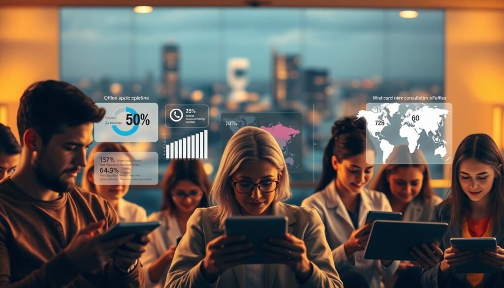 A panoramic composition depicting the demographic profile of online consultation users. In the foreground, a diverse group of individuals - young and old, male and female - engaged in virtual consultations, their faces illuminated by the soft glow of digital devices. In the middle ground, data visualizations and infographics hover, showcasing key statistics on user age, gender, and location. The background features a subtly blurred cityscape, hinting at the widespread adoption of digital healthcare services. Warm lighting casts a contemplative mood, while the composition emphasizes the interconnectedness and accessibility of these modern consultation platforms.