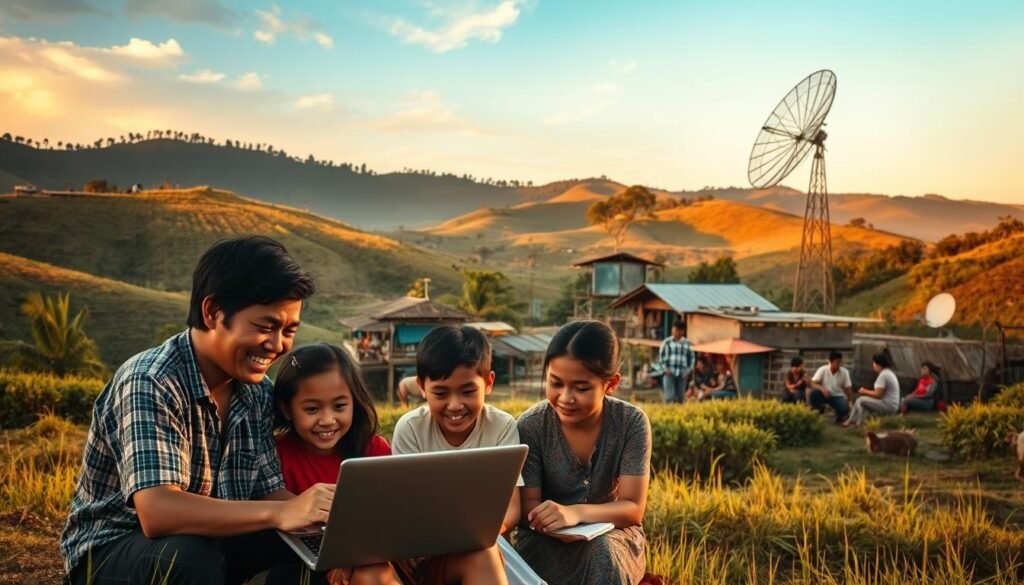 A rural village nestled among lush, rolling hills, bathed in warm golden light. In the foreground, a family gathers around a laptop, expressions of wonder and delight as they explore the boundless possibilities of the internet. In the middle ground, a community center bustles with activity, locals accessing online services, e-learning, and connecting with the world beyond. In the background, a satellite dish stands tall, a symbol of technological progress bringing the power of connectivity to this once isolated region. The scene radiates a sense of empowerment, opportunity, and the transformative impact of improved internet access in rural Indonesia.