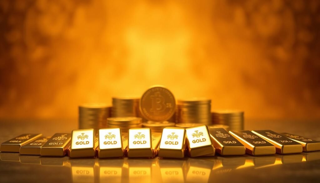 A serene and tranquil image of gold bullion and coins set against a warm, soft-lit backdrop. The foreground features a pile of gleaming gold bars, meticulously arranged, casting gentle reflections. In the middle ground, several gold coins are displayed, their intricate designs and luster inviting closer inspection. The background is dominated by a muted, earthy palette, evoking a sense of stability and timelessness associated with the enduring value of gold. The lighting is subtle and atmospheric, creating a sense of depth and emphasizing the luxurious, premium quality of the precious metal. The overall composition conveys the solidity and reliability of gold as an investment asset.