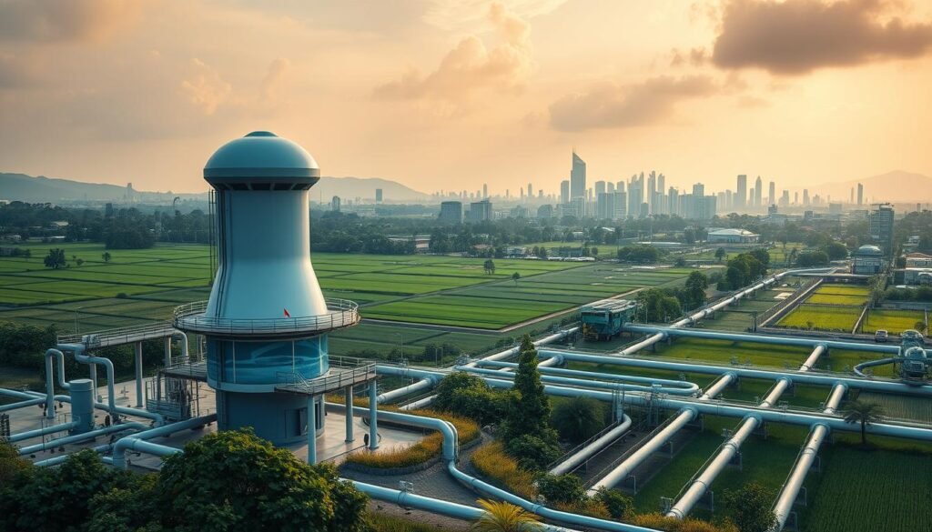 A serene landscape showcasing the future of clean water management in Indonesia. In the foreground, a futuristic water treatment facility stands, its sleek architecture and advanced technology symbolizing innovative solutions. In the middle ground, verdant fields and lush greenery surround a network of interconnected pipes and aqueducts, efficiently distributing the purified water. In the background, a vibrant cityscape emerges, with modern skyscrapers and bustling activity, all powered by the reliable supply of clean water. The scene is bathed in warm, golden light, conveying a sense of hope and progress in addressing the pressing issue of water scarcity. The overall composition evokes a harmonious balance between technology, nature, and the needs of a thriving urban population.