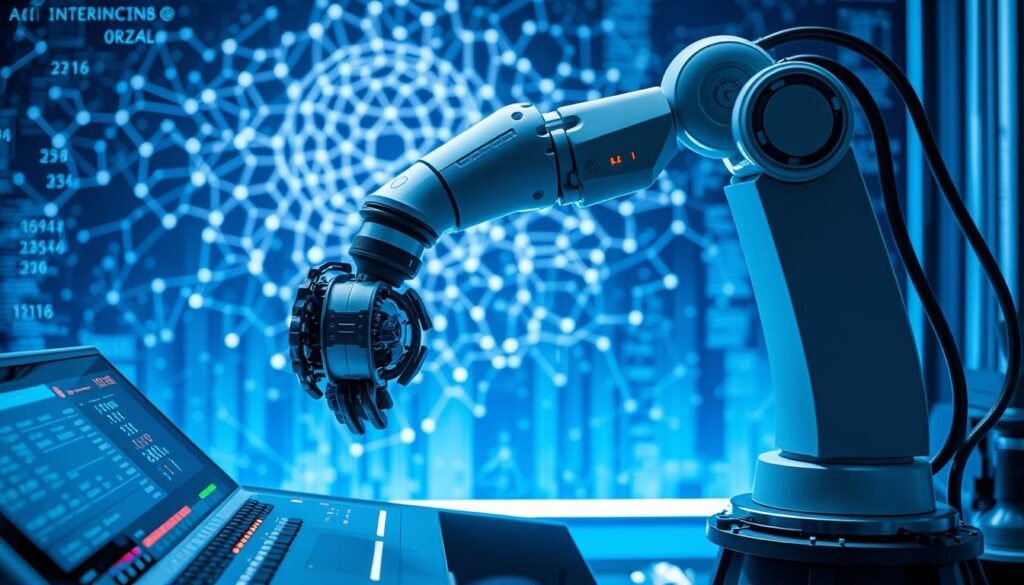 A state-of-the-art robotic arm gracefully manipulates intricate mechanical components, its movements guided by a sleek, advanced control panel. The scene is bathed in a cool, blue-tinged lighting, creating an atmosphere of futuristic sophistication. In the background, a complex neural network visualization pulses with data, representing the sophisticated artificial intelligence powering the robotic system. The image conveys a sense of technological progress, efficiency, and the seamless integration of robotics and AI, reflecting the latest advancements in the field of Robotika.