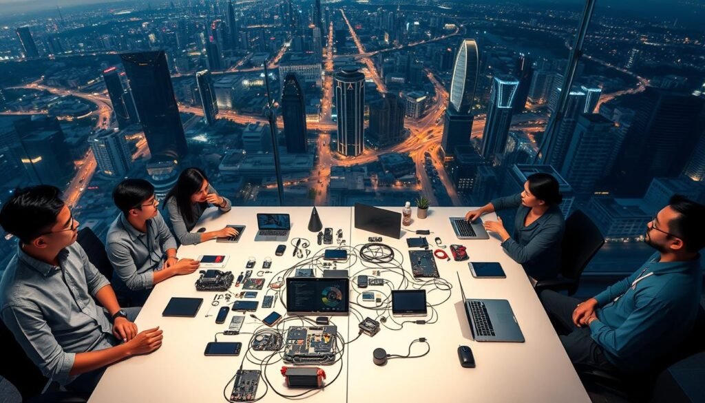 A striking overhead view of a bustling startup scene in Southeast Asia. The foreground features a group of professionals in casual attire, engaged in lively discussions around a modern conference table. Ambient lighting casts a warm, productive glow, while the middle ground showcases a diverse array of innovative tech products and prototypes. In the background, a sweeping panorama of the vibrant cityscape, punctuated by sleek skyscrapers and a network of public transportation. The composition conveys a sense of momentum, collaboration, and the transformative potential of startup funding in the dynamic Southeast Asian market.