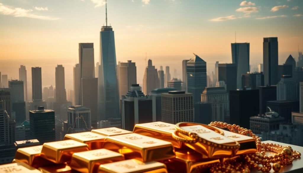 A sweeping vista of a bustling financial district, towering skyscrapers casting long shadows across the urban landscape. In the foreground, a gleaming display of gold bars and jewelry, their radiance amplified by warm, diffuse lighting. The scene conveys a sense of wealth, power, and the allure of precious metals. Amidst the gleaming gold, subtle indicators of economic trends and market forces – graphs, charts, and financial data – hint at the complex factors driving the surge in gold prices. The overall composition evokes the impact of soaring gold prices on the broader economy and the lives of everyday people, capturing the essence of the article's subject matter.