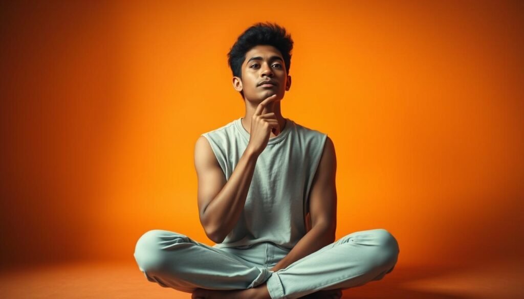 A thoughtful individual sits cross-legged, deep in contemplation, against a backdrop of vibrant yet soothing hues. Soft, natural lighting illuminates their pensive expression, conveying a sense of introspection and the importance of mental well-being. The scene evokes a calming, meditative atmosphere, highlighting the growing focus on mental health and the need for understanding and support. The composition is balanced, with the subject positioned centrally, drawing the viewer's attention to the significance of this critical issue.