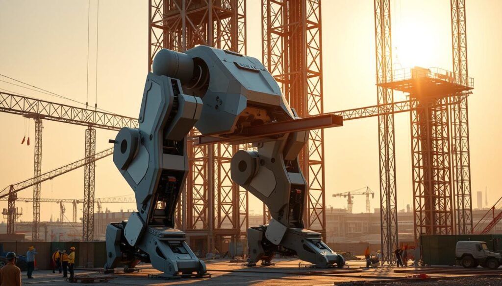 A towering construction robot stands on a bustling worksite, its sleek, metallic frame casting long shadows under the warm, golden sun. Powerful hydraulic limbs extend gracefully, seamlessly lifting heavy steel beams and precisely placing them in the emerging framework of a towering skyscraper. Surrounding the robot, a hive of activity - workers in bright hardhats guide the machine's movements, while the distant sound of power tools and the rumble of excavators create a symphony of modern construction. The robot's advanced sensors and AI-powered controls ensure every movement is executed with unparalleled efficiency and safety, transforming the dangerous manual labor of the past into a streamlined, high-tech operation.