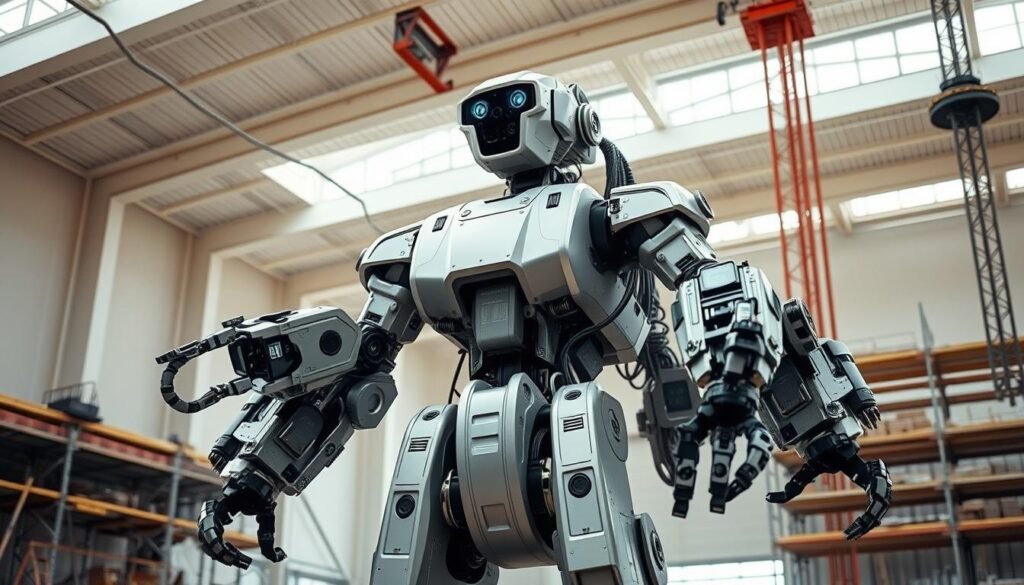 A towering, industrial-grade robot stands in a well-lit, high-ceilinged construction site. Its sleek, metallic frame is adorned with numerous articulated limbs and specialized tools, designed to efficiently lift, move, and assemble heavy materials. The robot's movements are precise and deliberate, carefully coordinated by advanced sensors and control systems. In the background, a scaffolding-lined site bustles with activity, showcasing the robot's ability to tackle hazardous, labor-intensive tasks that were once the domain of human workers. The scene conveys a sense of technological advancement and the potential for robots to revolutionize the construction industry, making it a safer and more efficient workplace.