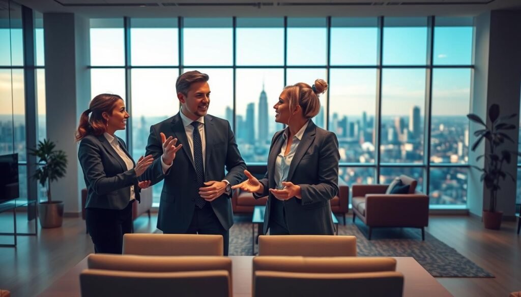 A vibrant and dynamic scene depicting the process of adaptation through effective communication. In the foreground, two businesspeople engaged in a constructive dialogue, their gestures and expressions conveying a sense of collaboration and understanding. The middle ground showcases a modern office setting, with sleek furnishings and a backdrop of floor-to-ceiling windows, bathing the scene in warm, natural lighting. In the background, a city skyline provides a subtle yet impactful reminder of the wider context in which this adaptation is taking place. The overall atmosphere exudes a sense of progress, adaptation, and the power of communication to navigate change.