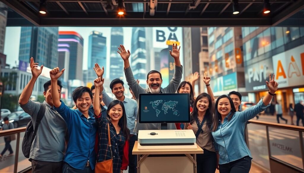 A vibrant and dynamic scene showcasing the success of a local startup. In the foreground, a group of diverse, energetic individuals celebrating their achievement, their expressions radiating pride and enthusiasm. The middle ground features the startup's innovative product or service, meticulously detailed and displayed in a sleek, modern setting. The background is a blend of urban elements - towering skyscrapers, bustling streets, and a vibrant, cosmopolitan atmosphere, conveying a sense of growth, opportunity, and the startup's readiness to expand into the Southeast Asian market. Warm, directional lighting illuminates the scene, casting dynamic shadows and highlights that add depth and drama. The overall composition is balanced, with a sense of energy and movement, capturing the essence of this local startup's remarkable success.