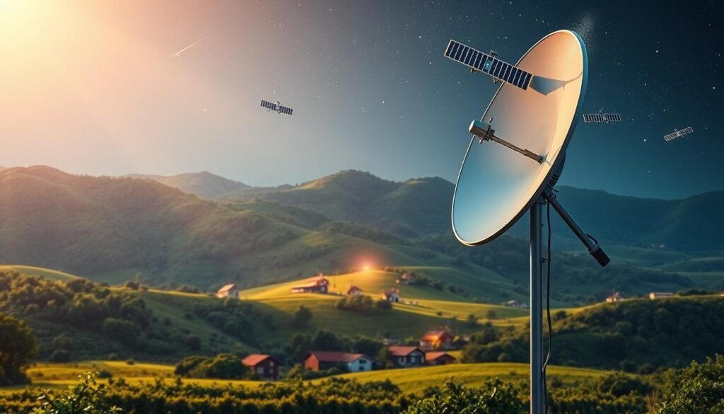 A vibrant digital rendering of satellite technology powering rural internet connectivity. In the foreground, a sleek, modern satellite dish stands tall against a backdrop of lush, verdant landscapes. The midground features rolling hills dotted with quaint villages, their homes now illuminated by the glow of networked devices. In the distance, a constellation of satellites orbits the Earth, their solar panels glinting in the soft, ambient light. The scene conveys a sense of progress and innovation, as this cutting-edge satellite technology bridges the digital divide and brings the benefits of the internet to even the most remote communities.