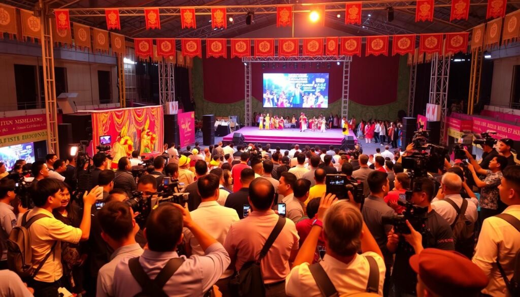 A vibrant festival scene featuring a bustling media zone with various reporters, photographers, and videographers capturing the excitement. In the foreground, a group of journalists conduct interviews with costumed performers against a backdrop of colorful banners and festival decor. The middle ground showcases a large video screen displaying event highlights, surrounded by crowds of engaged attendees. In the background, a stage with traditional music and dance performances sets the lively atmosphere. Warm lighting and a sense of energy and celebration fill the frame, reflecting the spirit of the national cultural festival.