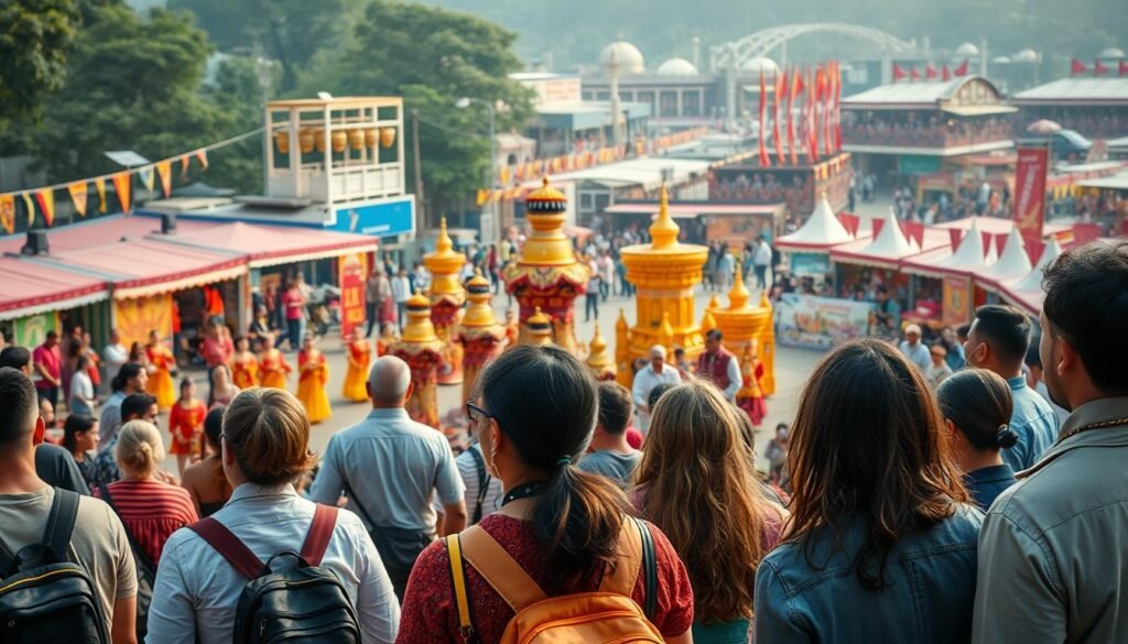 A vibrant scene of a bustling international festival, with visitors from around the world immersed in the rich cultural tapestry. In the foreground, a group of tourists from diverse backgrounds stands in awe, captivated by the intricate dance performances and the vibrant traditional costumes. In the middle ground, a colorful parade of performers showcases the region's distinct cultural heritage, with ornate floats and lively music filling the air. The background features a panoramic view of the festival grounds, bustling with activity as stalls offer a tantalizing array of local cuisine and handicrafts. Soft, warm lighting bathes the scene, creating an atmosphere of wonder and cultural exchange. The overall composition conveys the profound impact of this national cultural festival on the international visitors, sparking their curiosity and deepening their appreciation for the host nation's unique heritage.