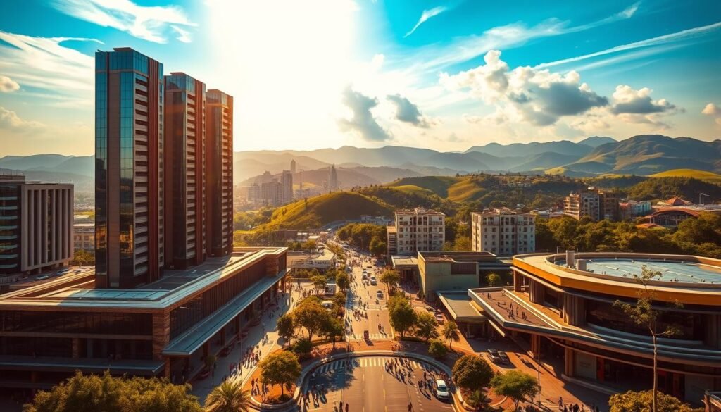 A wide, sweeping landscape depicting the impact of government policies on the property market. In the foreground, a group of modern, high-rise buildings stand tall, their sleek glass facades reflecting the vibrant sky. In the middle ground, a bustling urban center teems with activity, people navigating the streets and entering and exiting commercial spaces. In the background, rolling hills and lush greenery provide a natural contrast to the urban development. Warm, golden sunlight bathes the scene, creating a sense of optimism and growth. The composition suggests the delicate balance between government intervention and the dynamism of the property market, capturing the essence of the "Dampak Kebijakan Pemerintah Terhadap Pasar" section.