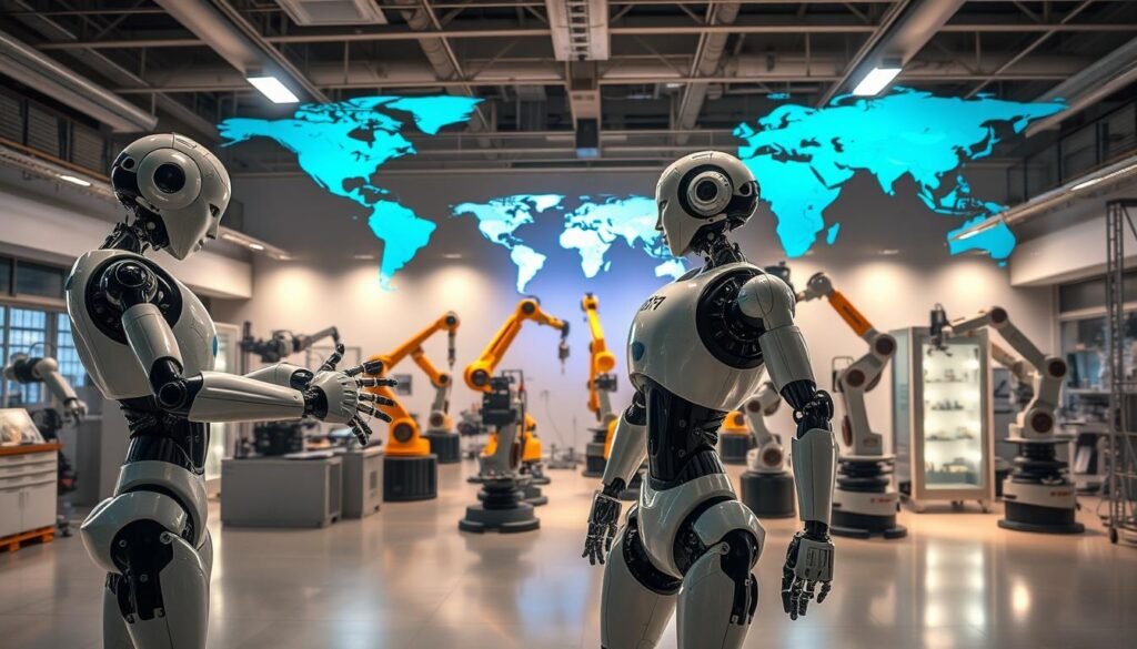 Kolaborasi Internasional Robotika: A panoramic view of a state-of-the-art robotics laboratory, showcasing cutting-edge automation technologies. In the foreground, sleek humanoid robots gracefully interact, their movements choreographed with precision. The middle ground features an array of industrial robotic arms, precisely assembling complex components. In the background, a world map illuminates, symbolizing the global nature of this collaborative effort. Soft, diffused lighting bathes the scene, creating an atmosphere of innovation and international cooperation. The overall composition conveys a sense of progress, technological advancement, and the growing role of robotics in the global landscape.