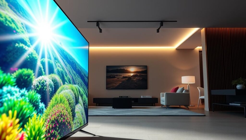 A high-resolution image illustrating the stunning visual quality of Dolby Vision on the LG G5 OLED TV. In the foreground, showcase the vibrant colors displayed on the screen, with a close-up of a vivid landscape scene filled with rich greens, blues, and bright sunlight. In the middle ground, depict a sleek, modern living room setting with the LG G5 OLED TV prominently featured, highlighting its elegant design. The background should include soft lighting to create an inviting atmosphere, emphasizing the TV's ability to deliver deep blacks and brilliant brightness of 2,000 nits. The angle should be slightly angled from below, giving a grand and immersive view of the TV, showcasing its impressive quality. Overall mood should be luxurious and modern.