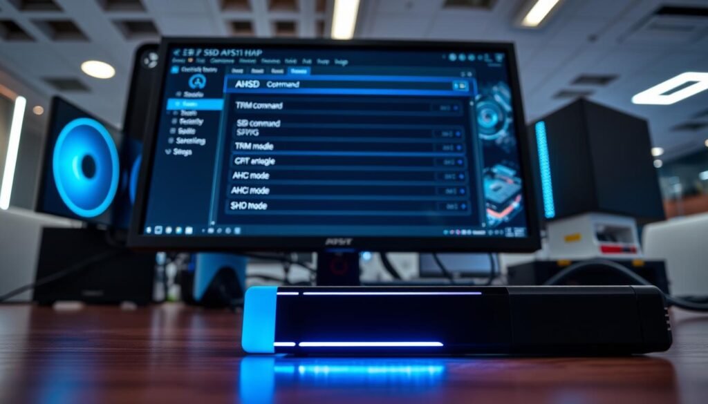A high-tech computer workstation showcasing a clean and organized setup. In the foreground, a sleek SSD drive illuminated with a soft blue glow, symbolizing speed and efficiency, sits prominently. In the middle, the monitor displays a graphical user interface featuring the settings for TRIM command and AHCI mode, with dynamic visuals emphasizing optimization. The background consists of a modern office environment with subtle hints of technology, like LED lights and cables neatly managed. The lighting is bright but soft, creating a professional and inviting atmosphere. Capture a slightly angled perspective to give depth, enhancing the focus on the SSD while conveying a sense of advanced technology and performance.