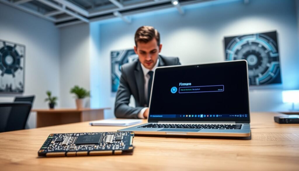 A modern office workspace featuring a sleek, open desk with a high-performance laptop displaying a firmware update progress bar. In the foreground, an SSD drive is prominently placed, showcasing its intricate circuit design. The middle ground comprises a professional individual in smart business attire, focused on the laptop screen, with a look of concentration. Behind them, a tech-oriented atmosphere with dim blue lighting and abstract tech-themed artworks on the walls, adding a futuristic touch. Soft overhead lighting creates a warm ambiance. The angle captures both the individual and the SSD, emphasizing the process of firmware updates and maintenance. The scene conveys a sense of diligence and professionalism in SSD management.