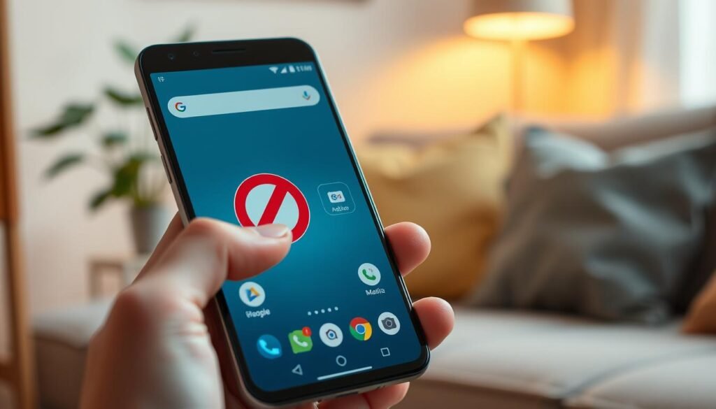 A sleek modern smartphone displaying an Android screen with various app icons, including a prominent ad-blocking app logo. In the foreground, a user’s hand gently interacts with the phone, smoothly navigating through the clear, ad-free interface. The middle layer features a subtle digital ambiance, emphasizing a peaceful and streamlined user experience, with soft glowing icons symbolizing the removal of ads. The background should depict a cozy living room setting, softly illuminated by warm, natural light, showcasing a comfortable couch and a calming indoor plant. The overall mood is relaxed and focused, conveying the idea of a seamless and enjoyable mobile experience, free from interruptions.