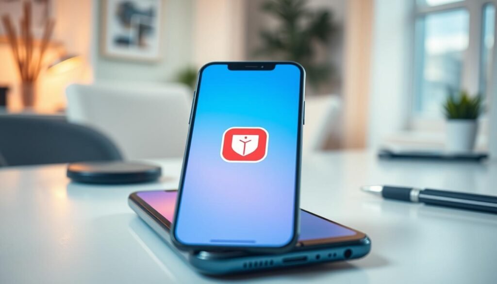 A sleek smartphone screen displaying a vibrant, user-friendly interface of an ad-blocking application. The foreground highlights the app icon, which features a simplistic design with a shield symbol, glowing softly. In the middle, the smartphone rests on a clean, modern desk, surrounded by subtle tech accessories, like a wireless charger and a stylized pen. The background softly blurs into an inviting home office setting with warm, natural lighting filtering through a window, creating a relaxed, productive atmosphere. The overall mood conveys ease of use and efficiency, emphasizing the simplicity of installing the APK to eliminate ads on Android devices. The image is devoid of any text or advertisements, focusing entirely on the app experience.