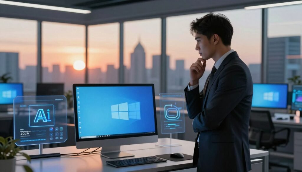 A futuristic office environment showcasing a sleek, modern workspace with a desktop computer displaying the Windows 10 interface on the screen, hinting at its end of support. In the foreground, a professional in business attire stands, looking thoughtfully at the computer while analyzing the implications of the transition to Windows 2026. The middle ground features various technology elements like AI icons and digital screens showcasing new features of the upcoming Windows version. The background reveals a large window with a city skyline, illuminated by a sunset, creating a warm, reflective atmosphere. Soft, ambient lighting enhances the mood, conveying a sense of anticipation and change. The angle captures both the figure and the computer, emphasizing the theme of technological evolution and user impact.