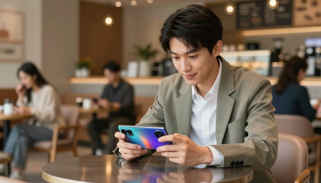 A stylish young professional in their late 20s is seated at a modern café, engaged in using the POCO F6 Pro smartphone. The foreground features a sleek, reflective table with the smartphone prominently displayed, showcasing its sleek design and vibrant display. In the middle, the individual is dressed in smart casual attire, appearing focused and content, with an engaging expression while interacting with the device. The background reveals an inviting café atmosphere with warm lighting, soft furnishings, and other patrons engaging in their activities, emphasizing the social context. Soft bokeh effects enhance the depth of field, creating a lively yet relaxed mood that highlights the capabilities of the flagship smartphone. The scene is well-lit, capturing every detail with a slightly elevated camera angle to emphasize the smartphone’s features.